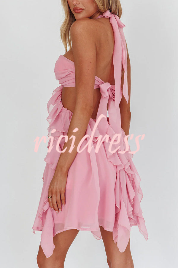 Romantic Midnight Rose Detail Cutout Ruffles Halter Mini Dress