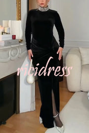 Love Lost Velvet Embellished High Neck Long Sleeve Twist Slit Maxi Dress