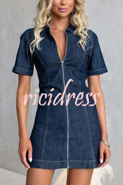 Street Chic Denim Shirt Neck Front Zip-up Stretch Mini Dress