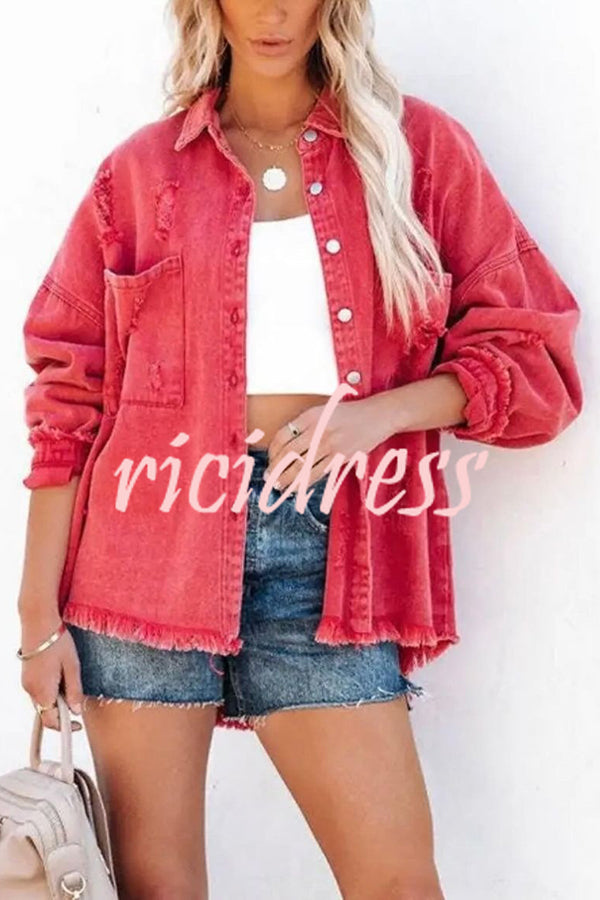 Stylish Lapel Long Sleeve Ripped Denim Jacket