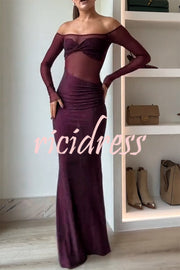 Forever Shimmering Sequin Mesh Patchwork Long Sleeve Strapless Stretch Maxi Dress