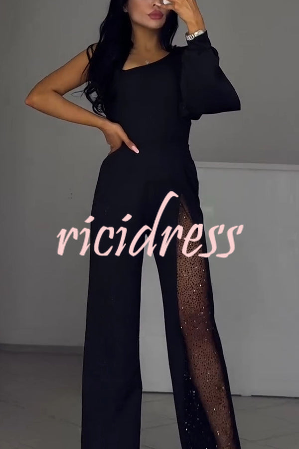 Fashionable Oblique Shoulder One-sleeve Sexy High Slit Slim Jumpsuit