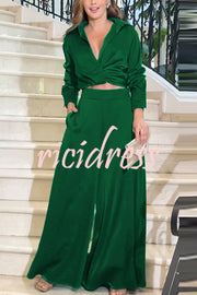 Satin Solid Color Lapel Long Sleeve Blouse and Loose-fitting Pocket Wide Leg Pants Set