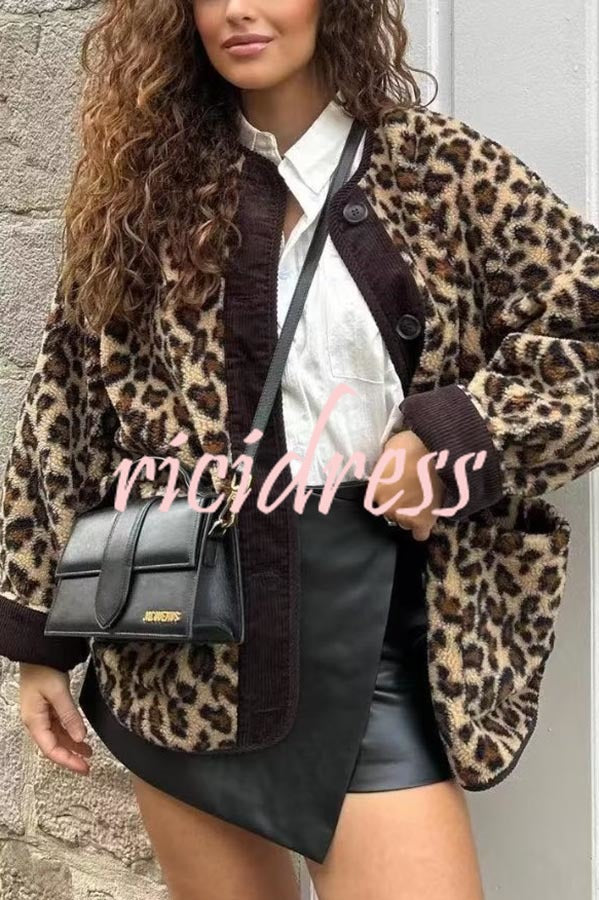 Warm Feel Colorblock Leopard Print Plush Button Up Pocketed Teddy Jacket