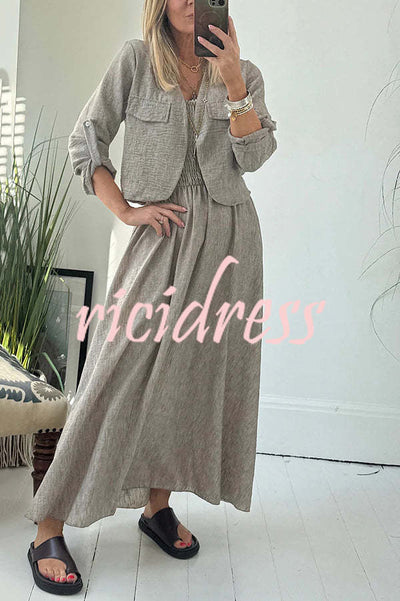 Solid Color Casual Short Jacket and Suspender Pleated Maxi Dress Set