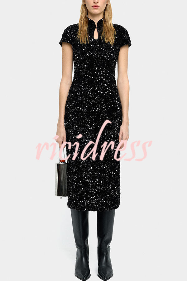 Cheongsam Style Velvet Sequin Stand Neck Short Sleeve Slit Midi Dress