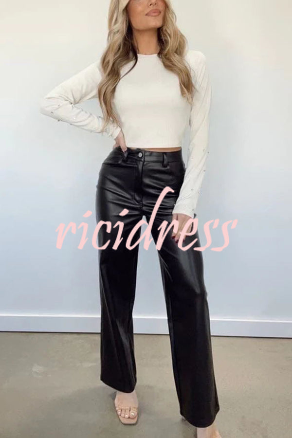 Timelessly Trendy Leather Pocket Buttoned High Rise Wide Leg Pants