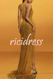Glimmer Hour Shiny Layered Tassels Halter Cutout Neck Split Maxi Dress
