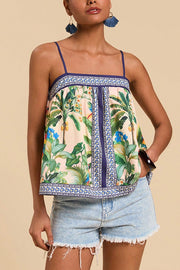 Tropical Print Casual Halter Backless Loose Top