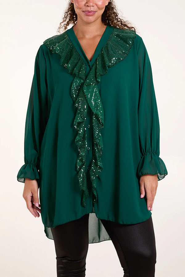 Solid Color Chiffon V-neck Long-sleeved Spliced sequin Casual Shirt