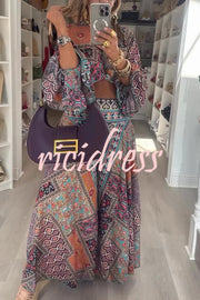 Unique Boho Ethnic Print Balloon Sleeve Crop Top and Elastic Waist Wide-leg Pants Set