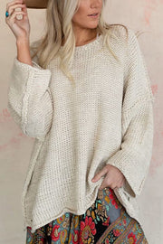 Solid Color Loose Round Neck Long Sleeve Casual Knitted Sweater