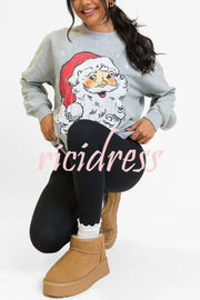 Christmas Cartoon Santa Claus Print Long Sleeve Loose Sweatshirt