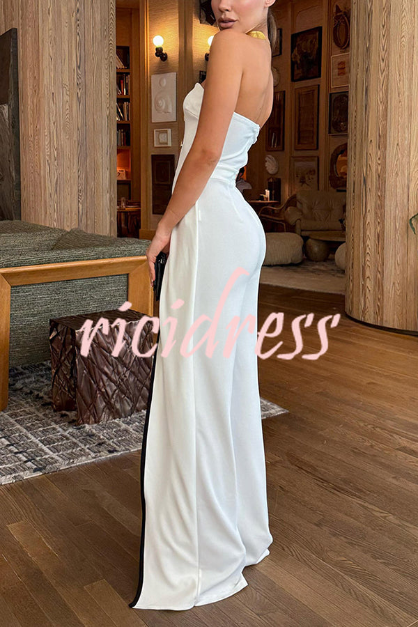 Fashionable Contrast Color Off-shoulder Metal Decoration Casual Elegant Jumpsuit
