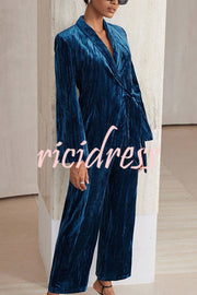 Solid Color Velvet Pleated Long-sleeved Tie Top and Casual Pocket Straight-leg Pants Set