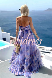 Dreamy Clouds Tulle Printed Rose Detail Cutout Ruffles Tiered Halter Maxi Dress