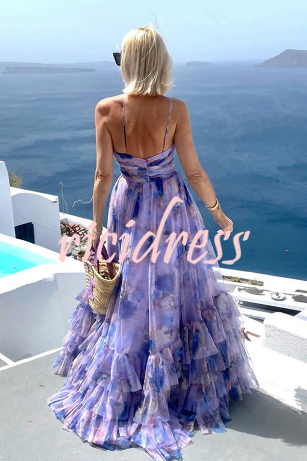Dreamy Clouds Tulle Printed Rose Detail Cutout Ruffles Tiered Halter Maxi Dress