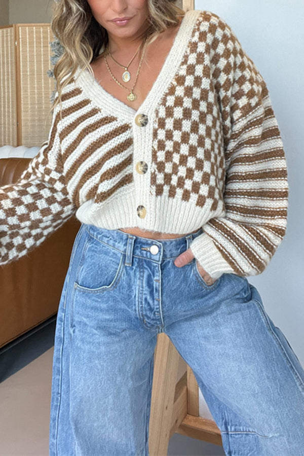 Fashionable Plaid Striped Casual V Long-sleeved Short Knitted Cardigan