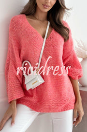 Solid Color Loose V-neck Casual Knitted Sweater