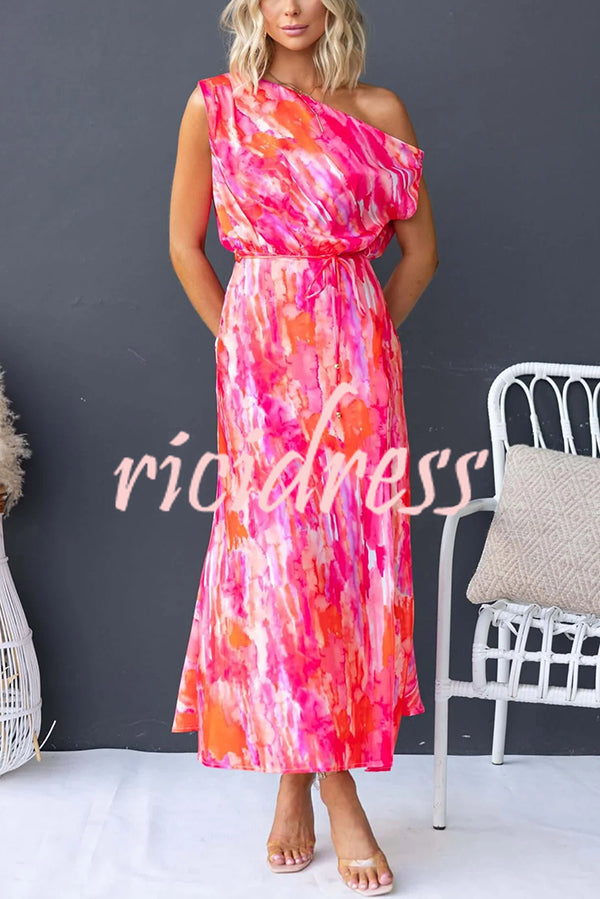 Satin Unique Print One Shoulder Tie Waist Slit Maxi Dress