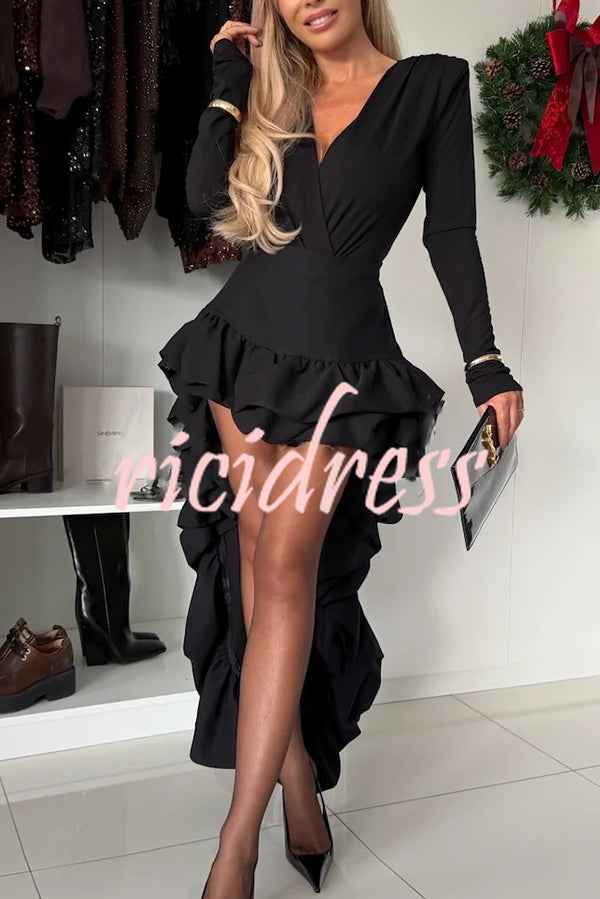 Toast To Midnight Solid Color High Rise Irregular Ruffled High Low Maxi Skirt