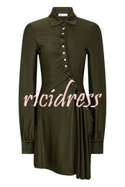 Marvis Button-embellished Long Sleeve Asymmetrical Drape Shirt Midi Dress