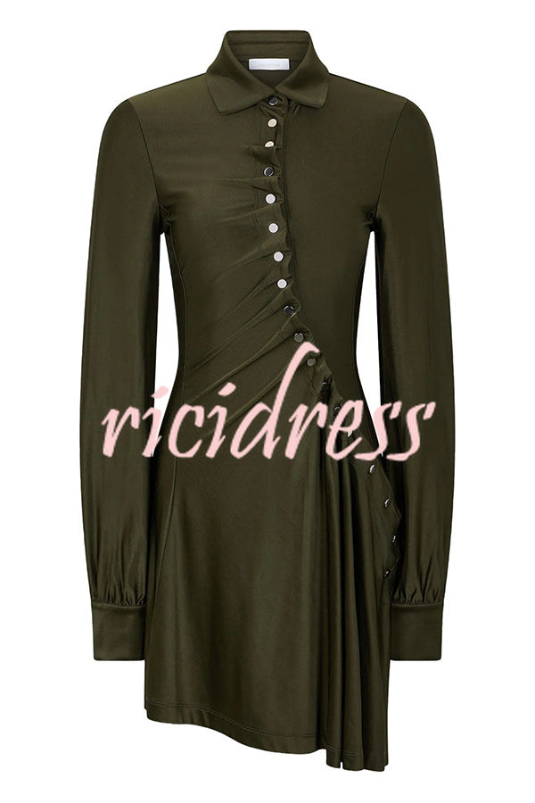 Marvis Button-embellished Long Sleeve Asymmetrical Drape Shirt Midi Dress