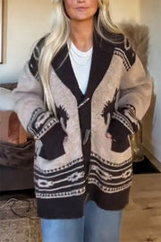 Retro Western Knit Unique Pattern Horn Buttons Pocket Lapel Loose Cardigan