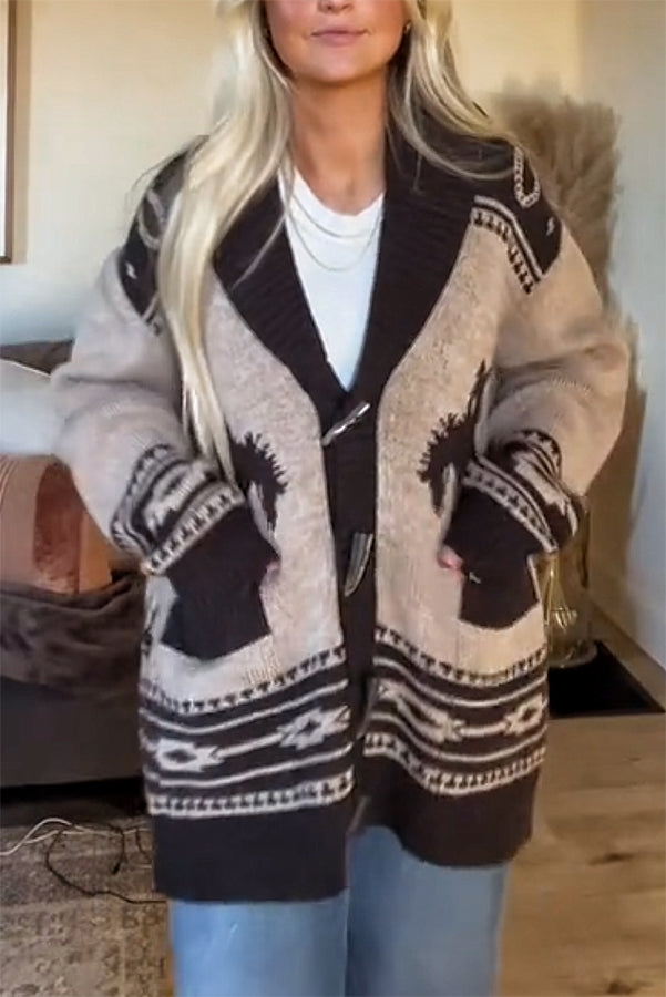 Retro Western Knit Unique Pattern Horn Buttons Pocket Lapel Loose Cardigan