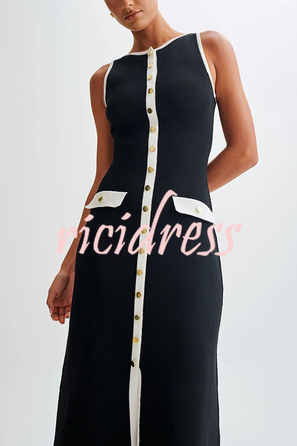 Elegant Slim Fit Crew Neck Buttoned Sleeveless Knit Midi Dress