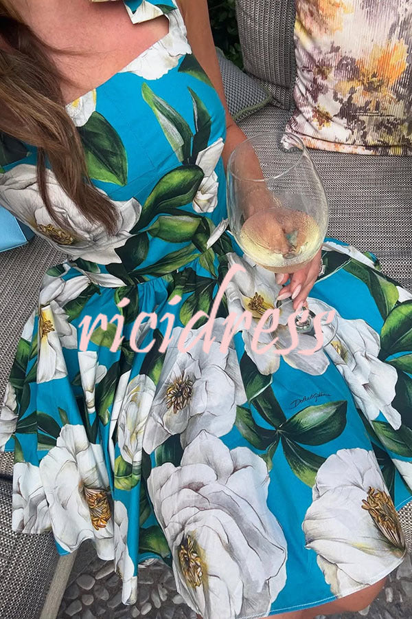 Fresh and Romantic Floral Print Square Neck Knotted Straps Mini Dress