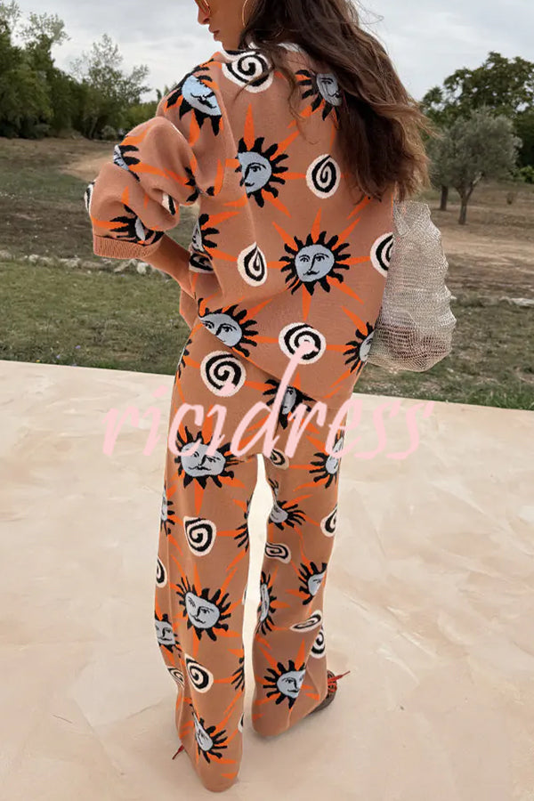 Mediterranean Art Knit Unique Sun Vortex Print Elastic Waist Wide Leg Pants