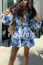 Feminine and Sexy Floral Print Deep V-neck Balloon Sleeve Tiered Mini Dress