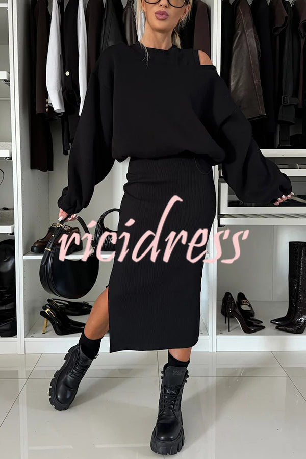 Lifestyle Wide Neck Relaxed Sweatshirt and Ribbed Tank Stretch Midi Dress Set