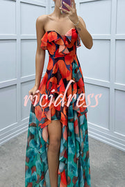 Loving Moment Gradient Unique Print Flowing Layered Ruffles Strapless Slit Maxi Dress