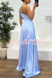 Nasha Satin Pleated One Shoulder Petal Gemstone Detail Pocket Slit Maxi Dress