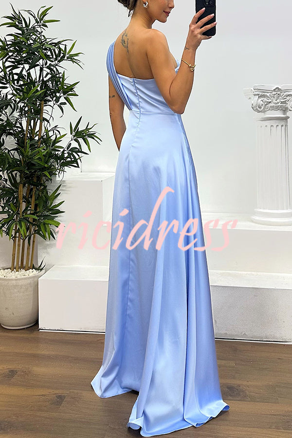 Nasha Satin Pleated One Shoulder Petal Gemstone Detail Pocket Slit Maxi Dress