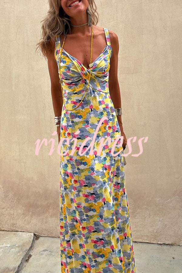 Flora Watercolor Print Crossover Neck Wide Straps Stretch Maxi Dress