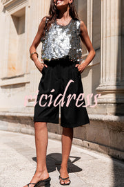 Fashionable Sequined Round Neck Sleeveless Loose Vest