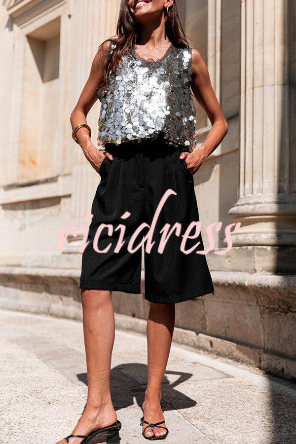 Fashionable Sequined Round Neck Sleeveless Loose Vest
