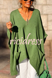 Fashion V-neck Loose Pocket Mid-length Knitted Sweater