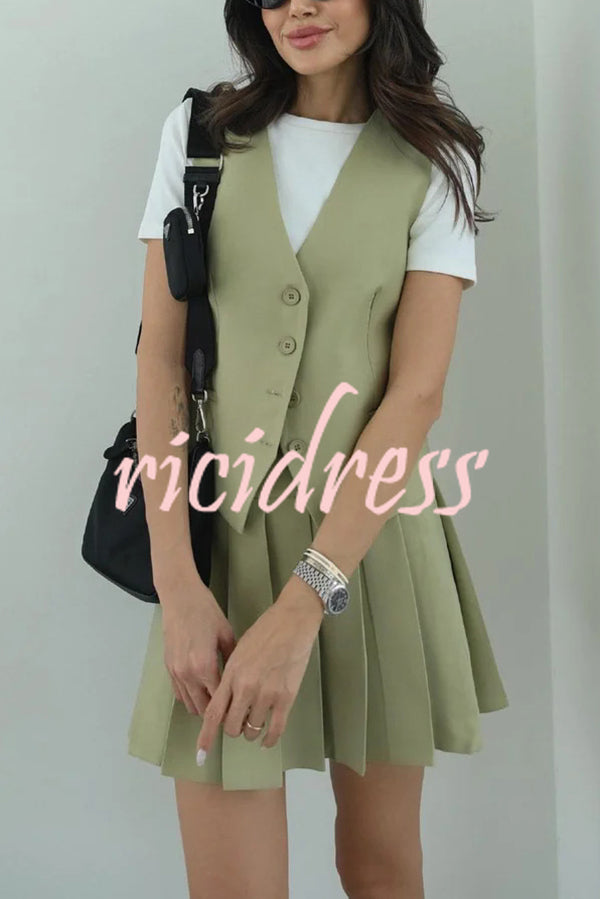 Solid Color Sleeveless Buttoned Vest and High-waisted Pleated Mini Skirt Set