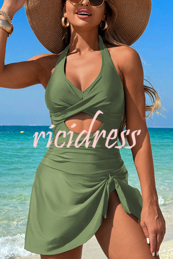 Fashionable Halterneck Waist Hollow Stretch One-piece Swimsuit