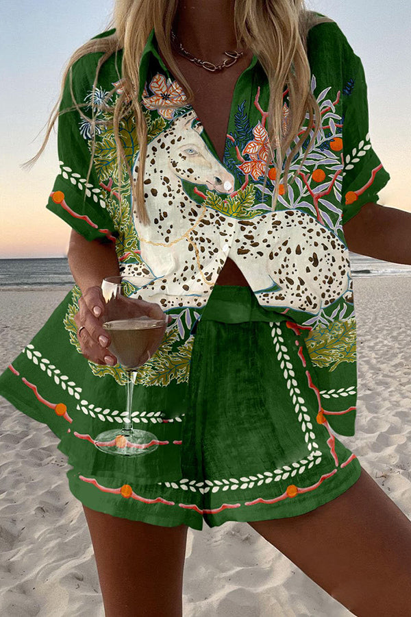 Spotted Horse Print Loose Button Elastic Waist Shorts Set