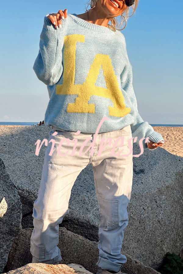 Letter Pattern Crew Neck Long Sleeve Loose Knit Sweater