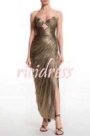 Amisha Metallic Pleated Shell Cups Hollow Gold Pendant Strapless Drape Slit Maxi Dress