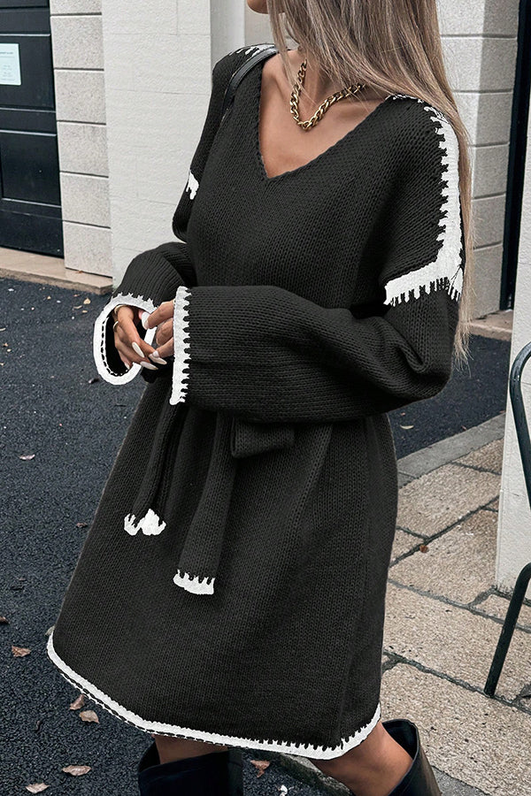 Stylish Loose-fitting Long-sleeved Tie-waist Knit Mini Dress