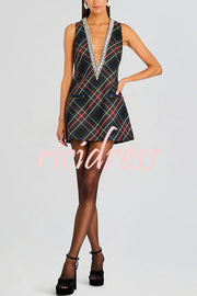 Elegant Demeanor Satin Gemstone Trim Deep V-Neck Tank H-line Mini Dress