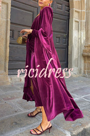 Olivienne Luxurious Velvet Padded Shoulders Slit Sleeve Lapel Midi Cape