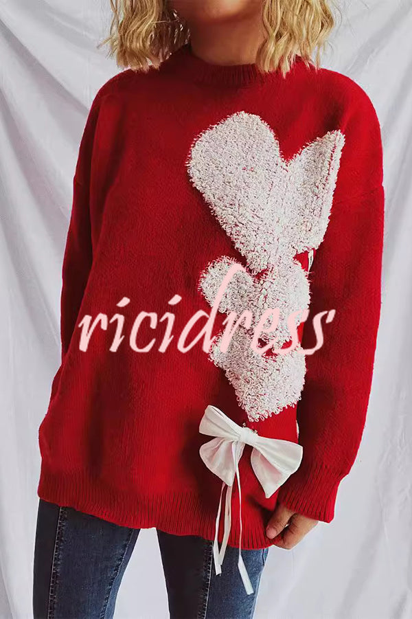 Love Jacquard Loose Cute Bowknitted Long Sleeve Sweater